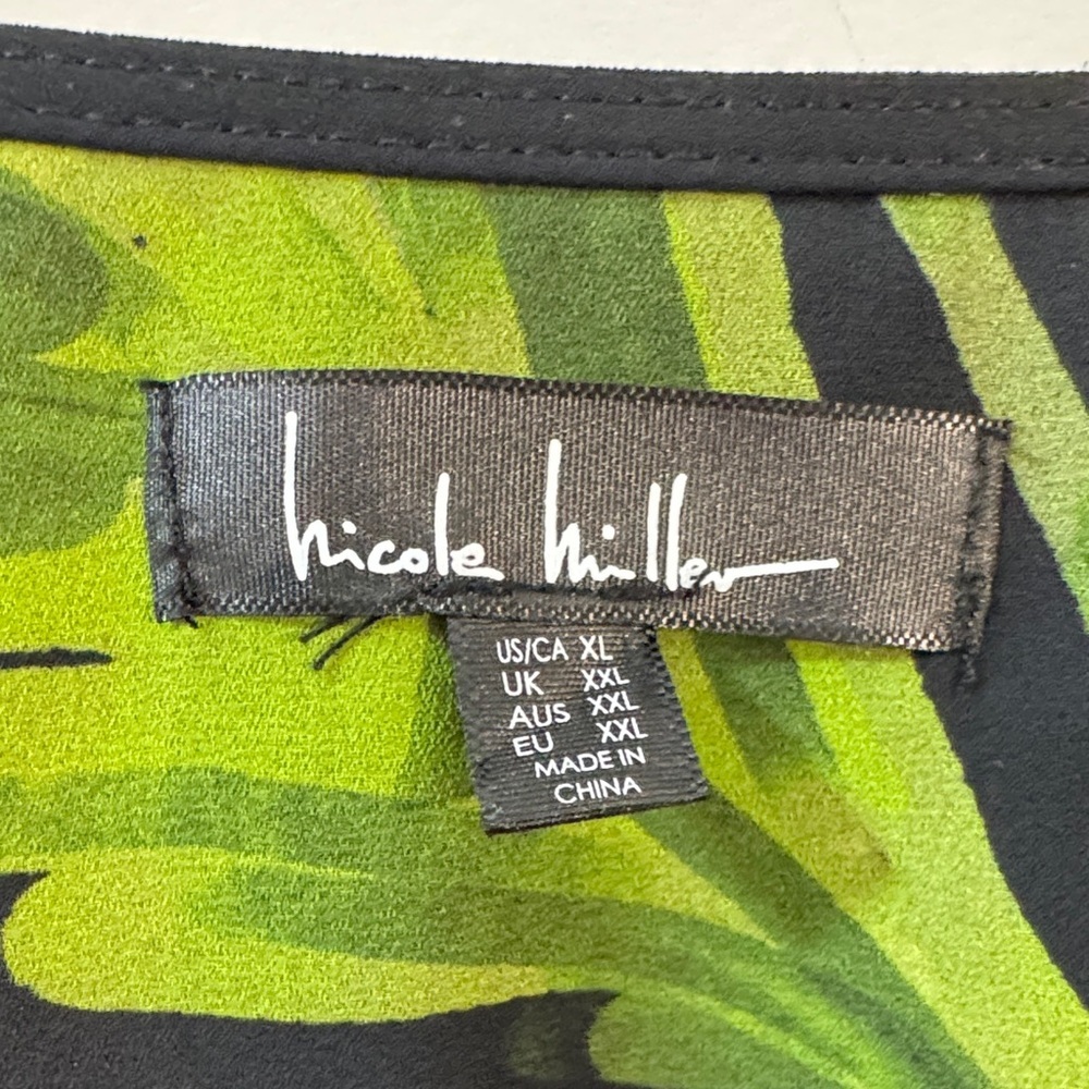 Nicole Miller Black Floral Lace-Shoulder Blouse w/ Cream/Green Blooms Size L, XL - Picture 3 of 9